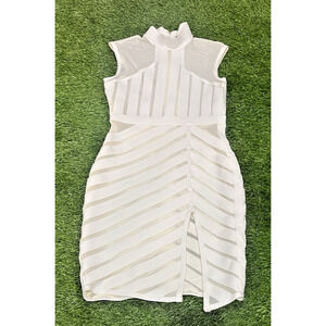 Kira Kira White Structured Mesh Panel Bodycon Dress Mock Neck Slit Bandage XS